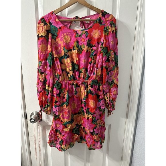 Billabong Heaven Sent Floral Open Back Mini Dress Long Blouson Sleeve Size M - Picture 1 of 12